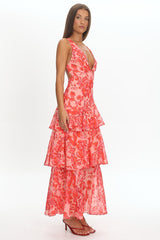 Veda Strappy Back Ruffle Midi Dress Floral Red