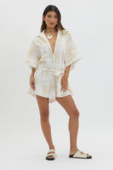 Daytona Beach Button-Up Romper Print Beige
