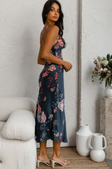 Downtown Cami Strap Front Split Midi Dress Oriental Flower Print Forest Green