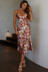 Downtown Cami Strap Front Split Midi Dress Abstract Rose