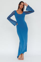 Crystal Ball Open Back Ruched Maxi Dress Blue