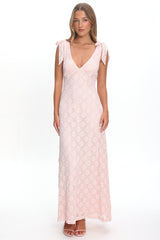 Mykonos Morning Tied Shoulder Maxi Dress Crochet Pink