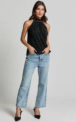 Shaylie Top - High Neck Halter Plisse Top in Black