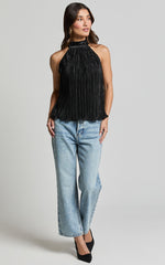 Shaylie Top - High Neck Halter Plisse Top in Black