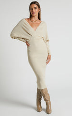 Sheika Midi Dress - Long Sleeve Off Shoulder Knit Dress in Stone