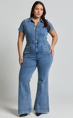 Silvena Jumpsuit - Short Sleeve Flared Denim Jumpsuit in Blue