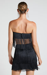 Siofra Two Piece Set - Fringe Crop Top and Mini Skirt Set in Black