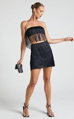 Siofra Two Piece Set - Fringe Crop Top and Mini Skirt Set in Black