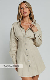 Sofia Mini Dress - Button Through Long Sleeve Dress in Stone