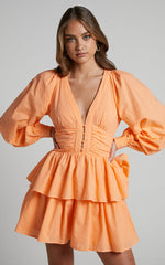 Suki Mini Dress - Plunge Neck Balloon Sleeve Tiered Ruffle Dress in Sherbet