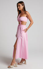 Sula Two Piece Set - One Shoulder Bralette Crop Top and Midi Skirt Set in Pink