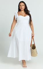 Tymia Midi Dress - Shoulder Tie Bustier Shirred Back A Line in White