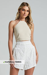 Vanni Shorts - Flower Embroidered Shirred Waist Short in White
