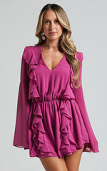 Zella Playsuit - Plunge Ruffle Detail Long Sleeve in Grape