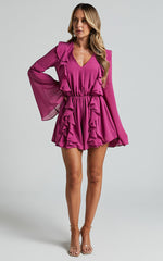 Zella Playsuit - Plunge Ruffle Detail Long Sleeve in Grape