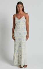 Zinnia Midi Linen Dress - Strappy Linen Slip Dress in Beige/Blue Border Print