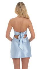 Satin Strapless Twist Cutout Dress in Light Blue
