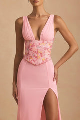 Embellished Plunge Ruffled Corset Maxi Dress in Pink