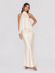 Halterneck Layered Ruffle Stain Maxi Dress