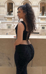 Suzette Two Piece Top and Skirt Set - Velvet Corset Maxi Skirt Set in Black