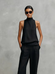 Women's Sleeveless Set | Elegant Round-Neck Top and Trousers Two-Piece