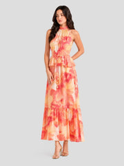 Watercolor Halterneck Open Back Maxi Dress