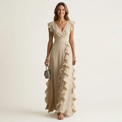 Women's Ruffle Wrap Maxi Dress | Elegant Silky V-Neck Layered-Sleeve Gown