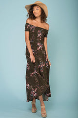 Summer Picnic Floral Print High Low Midi Dress Khaki