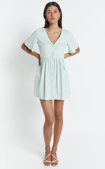 Staycation Smock Button Up Mini Dress in Light Sage