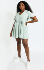 Staycation Smock Button Up Mini Dress in Light Sage