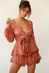 Maddox Fit & Flare Long Sleeve Romper Floral Lace Rose