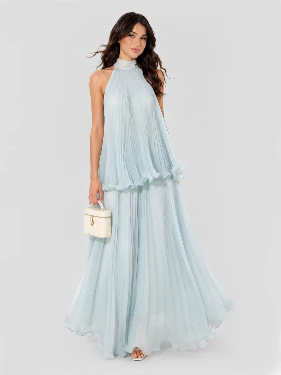 Pleated Chiffon Halter Top & Maxi Skirt Set