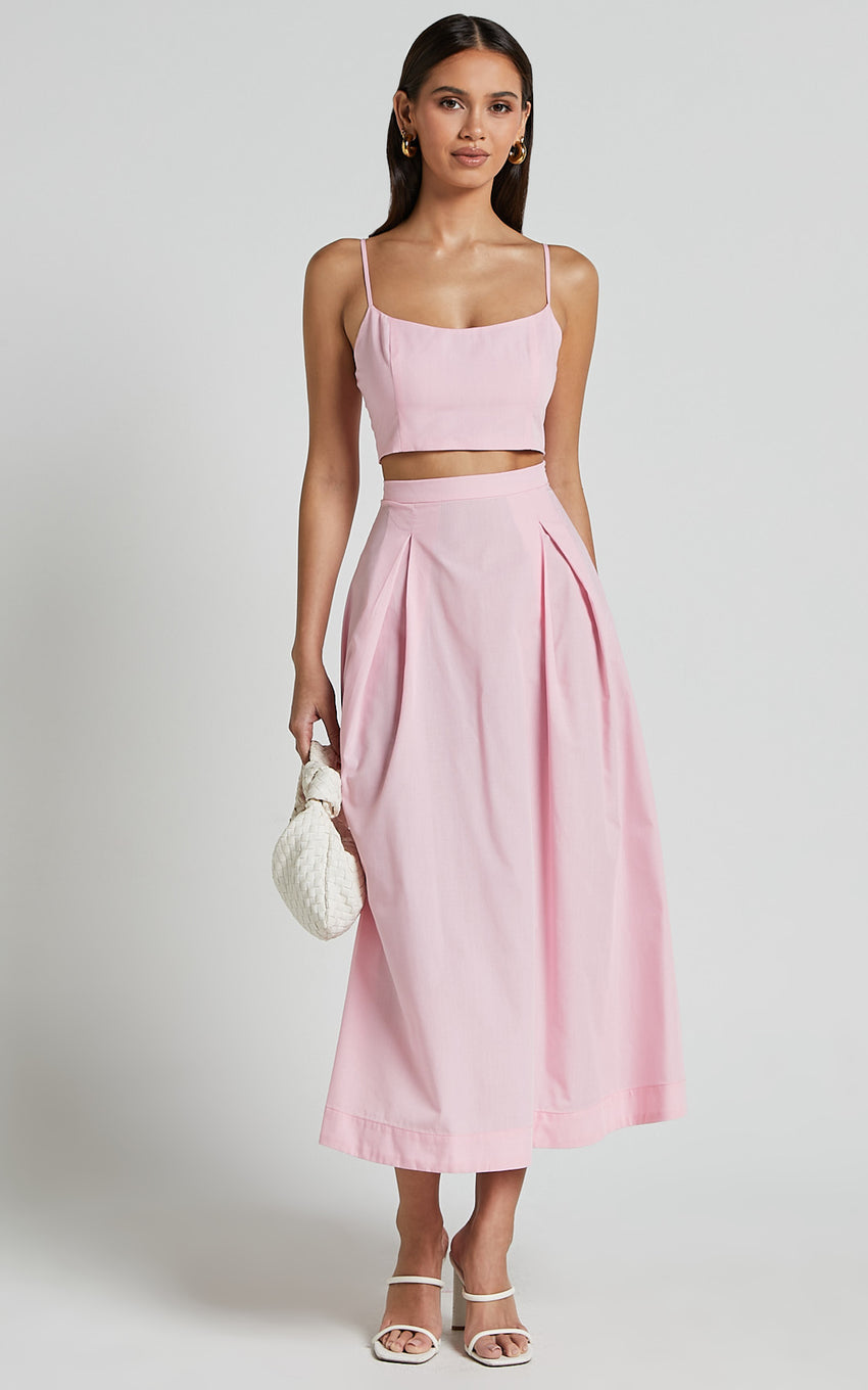 Rosalee Two Piece Top and Skirt Set - Strappy Crop Top and High Waisted A Line Midi Skirt Set in Pink