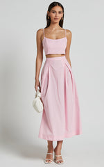 Rosalee Two Piece Top and Skirt Set - Strappy Crop Top and High Waisted A Line Midi Skirt Set in Pink