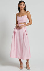 Rosalee Two Piece Top and Skirt Set - Strappy Crop Top and High Waisted A Line Midi Skirt Set in Pink