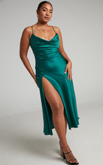 Flordeliza Midi Dress - Cowl Neck Thigh Slit Slip Dress in Emerald