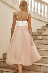 Jasmine Organza Mesh Elasticated Waist Midi Skirt Baby Pink