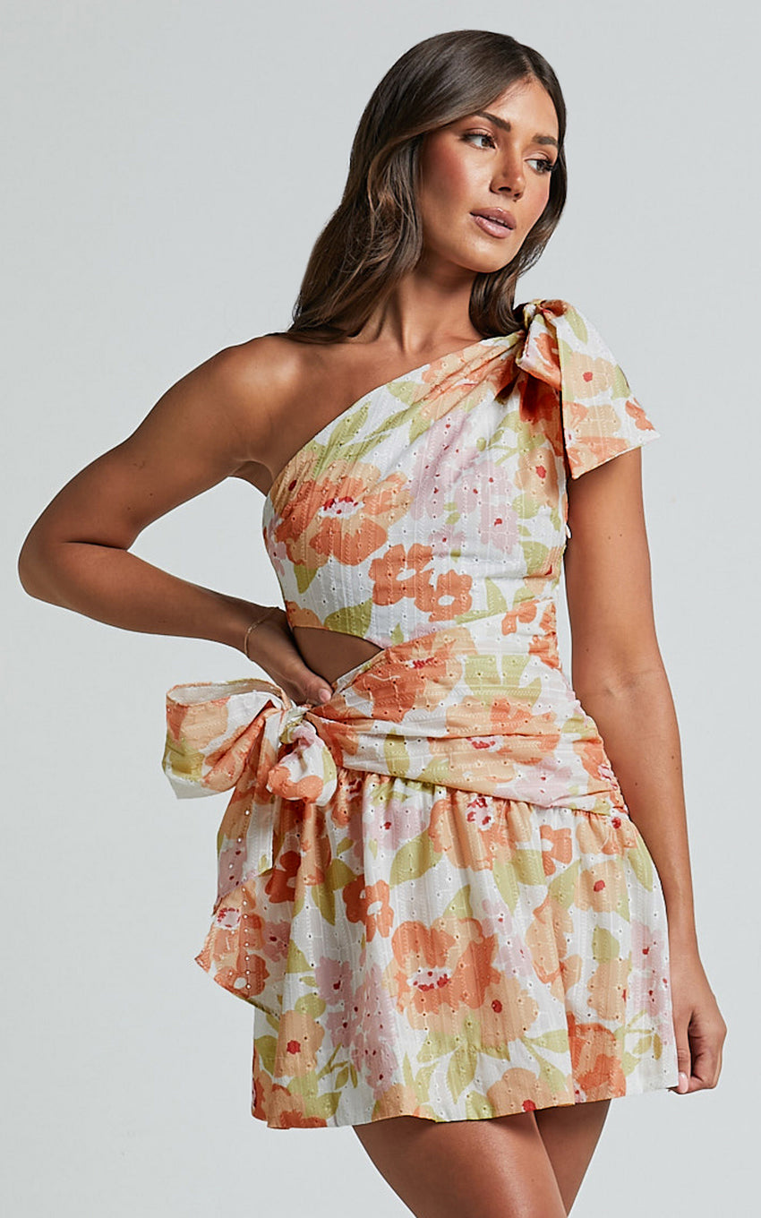 Zaria Mini Dress - Asymmetric Cut Out Tie Waist Dress in Orange Floral