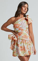 Zaria Mini Dress - Asymmetric Cut Out Tie Waist Dress in Orange Floral