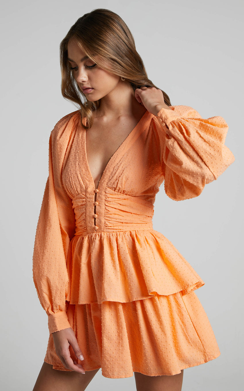 Suki Mini Dress - Plunge Neck Balloon Sleeve Tiered Ruffle Dress in Sherbet
