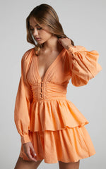 Suki Mini Dress - Plunge Neck Balloon Sleeve Tiered Ruffle Dress in Sherbet