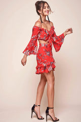 Bellisario Floral Cropped Caribbean Top Red