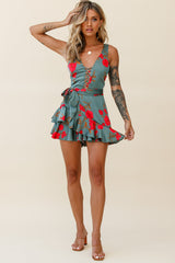 Wishful Thinking Plunging Neckline Ruffle Hem Romper Floral Print Sage