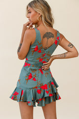 Wishful Thinking Plunging Neckline Ruffle Hem Romper Floral Print Sage