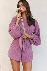 Windsor Long Balloon Sleeve Waist Tie Romper Mauve