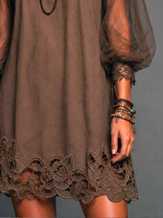 Women's Sheer Crochet-Hem Mini Dress | Boho Long-Sleeve Flowing Mini Dress