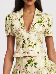Zanella Green Floral Print Lace Trim Linen Top