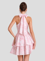 Floral Halterneck Back Bow Mini Dress