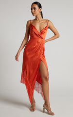 Rholie Midi Dress - Plunge Neck Fringe Hem Fixed Wrap Dress in Burnt Orange