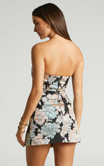 Brailey Mini Dress - Strapless Dress in Black and Pink Jacquard